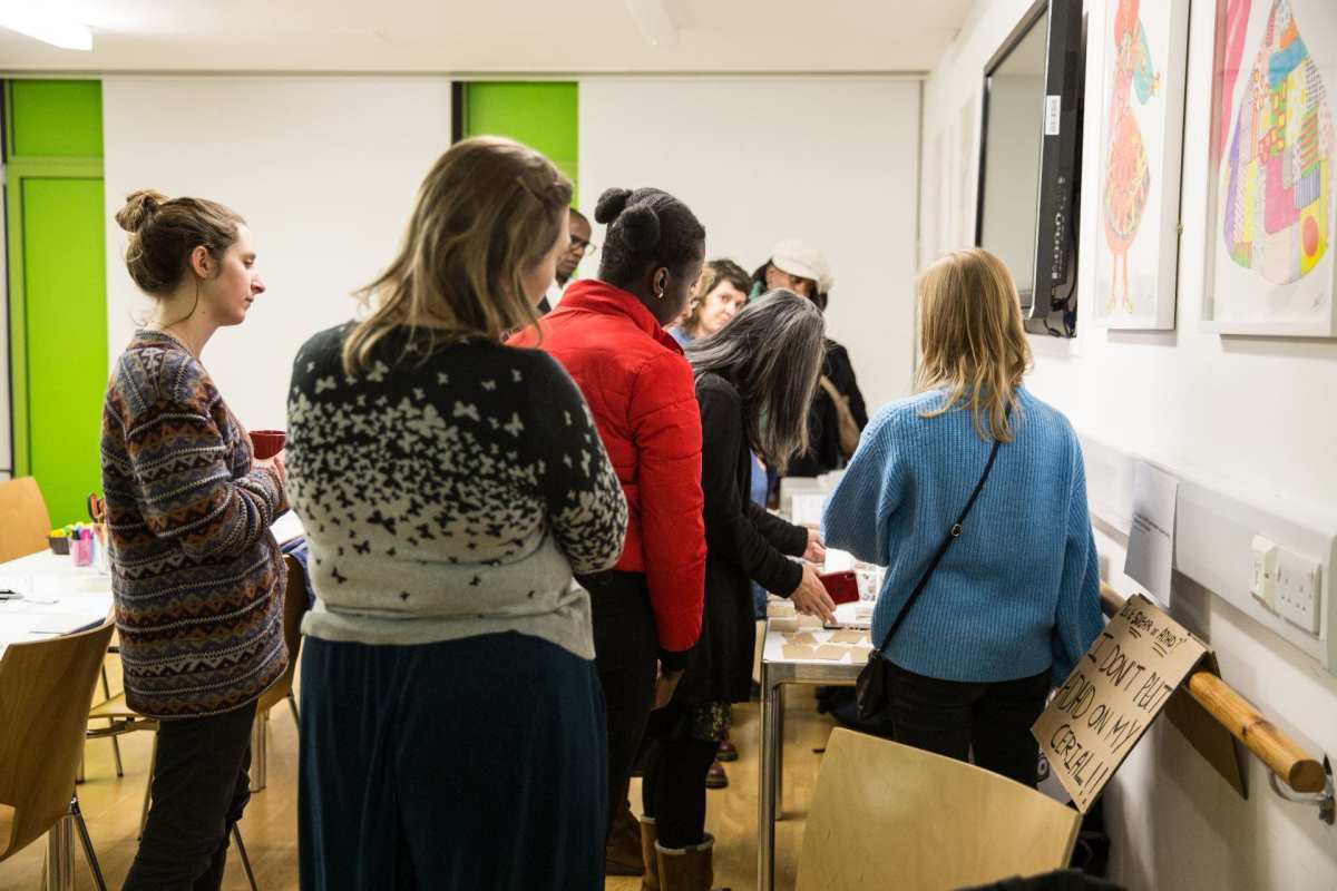 Visitors looking at the research.