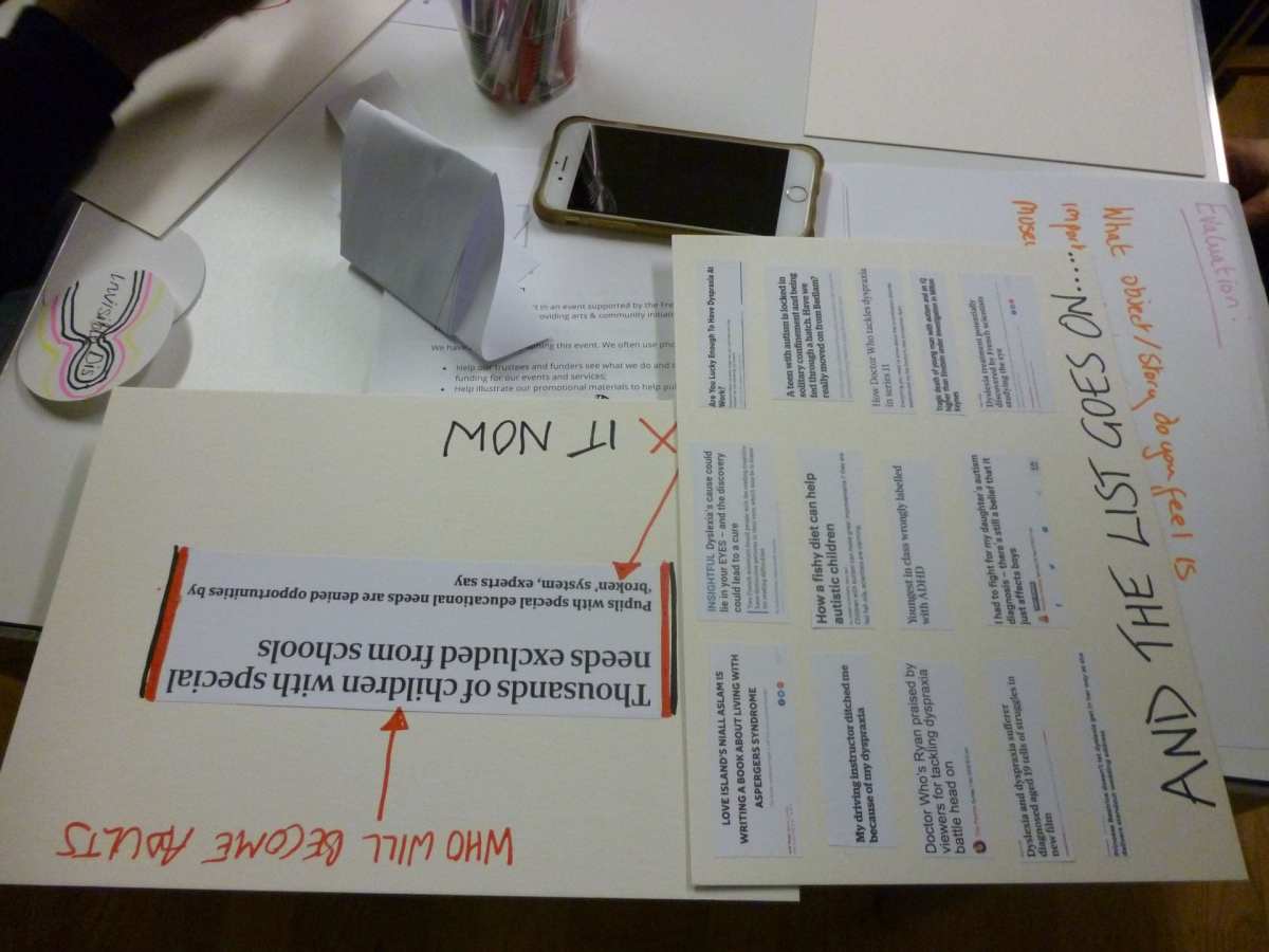 Protest signs on table.