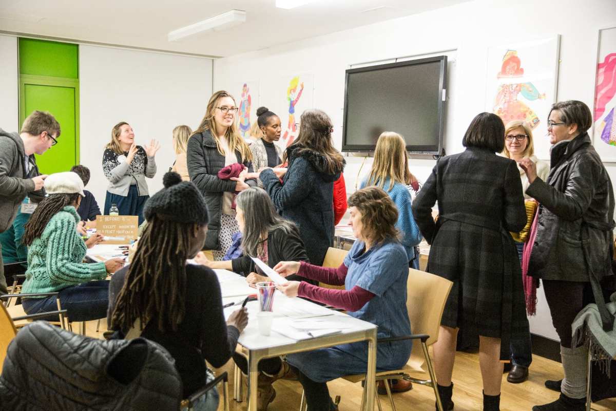 Visitors looking at the research.