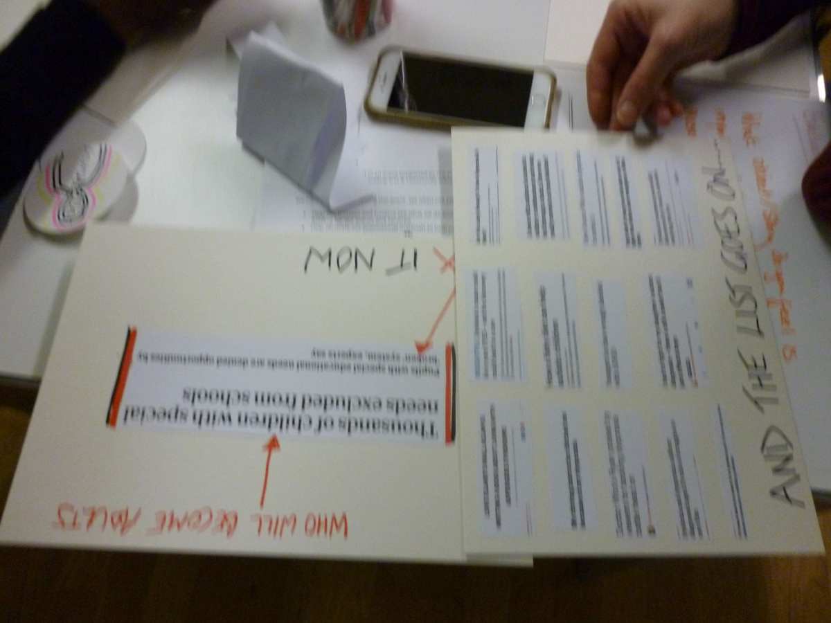 Protest signs on table.